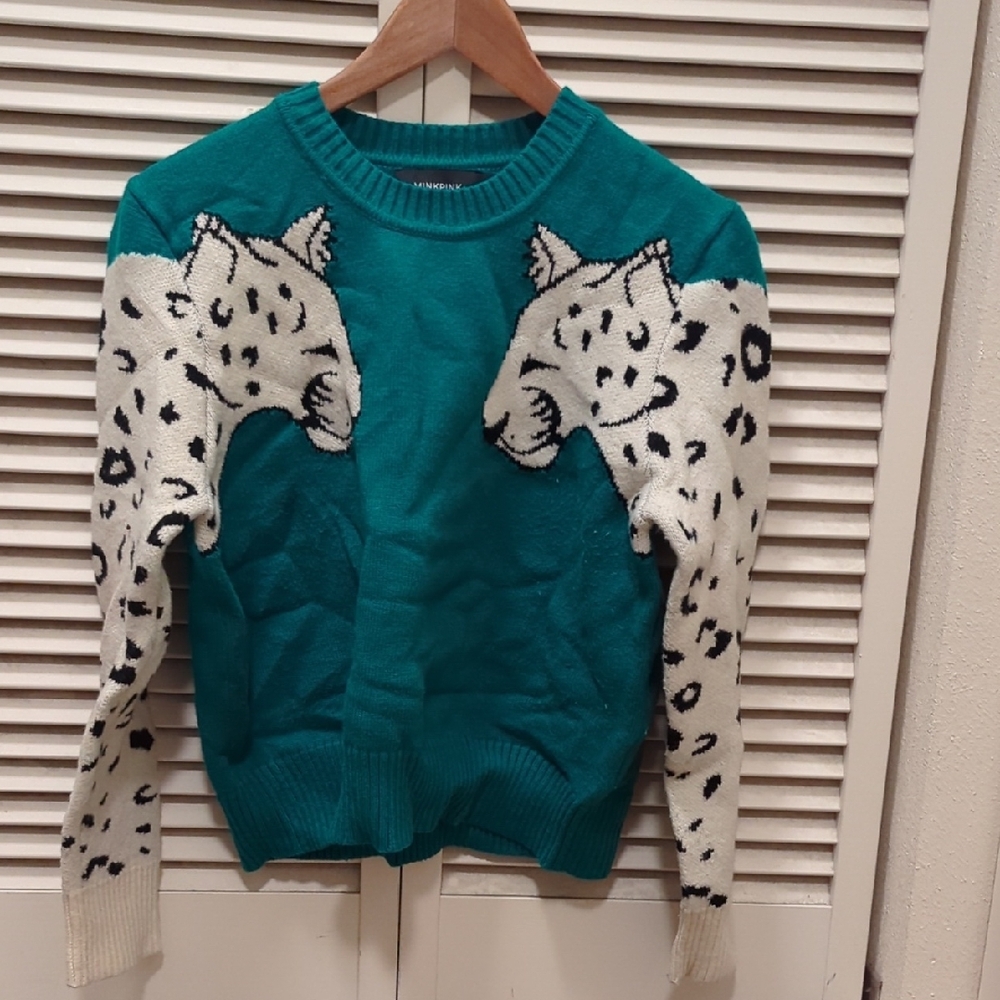 Minkpink Leopard Print Teal Sweater